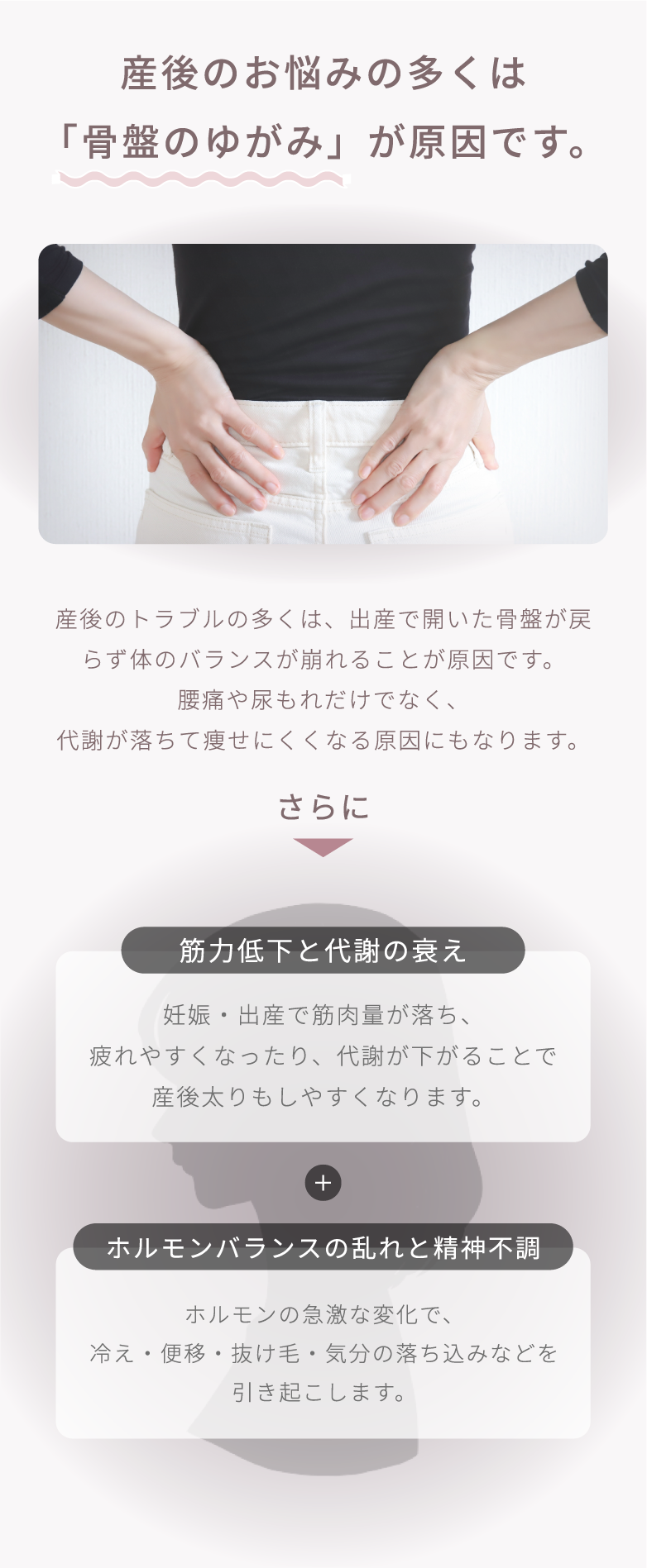 産後のお悩みの多くは「骨盤のゆがみ」が原因です。