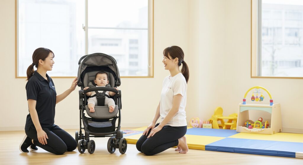 産後のダイエットのためにパーソナルジムでトレーナーに相談するママ