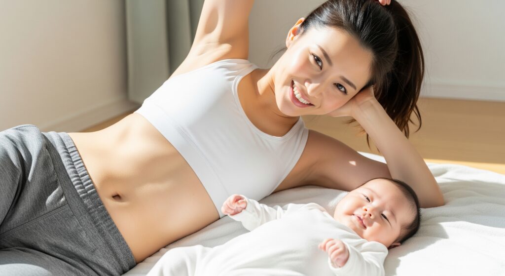 産後ママ向けのジムプログラムでダイエットに成功したママが子どもと添い寝している画像