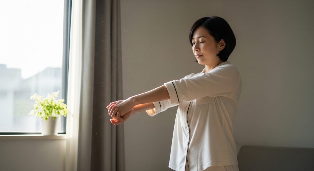 産後のボディメイクで朝に習慣としてストレッチをするママ