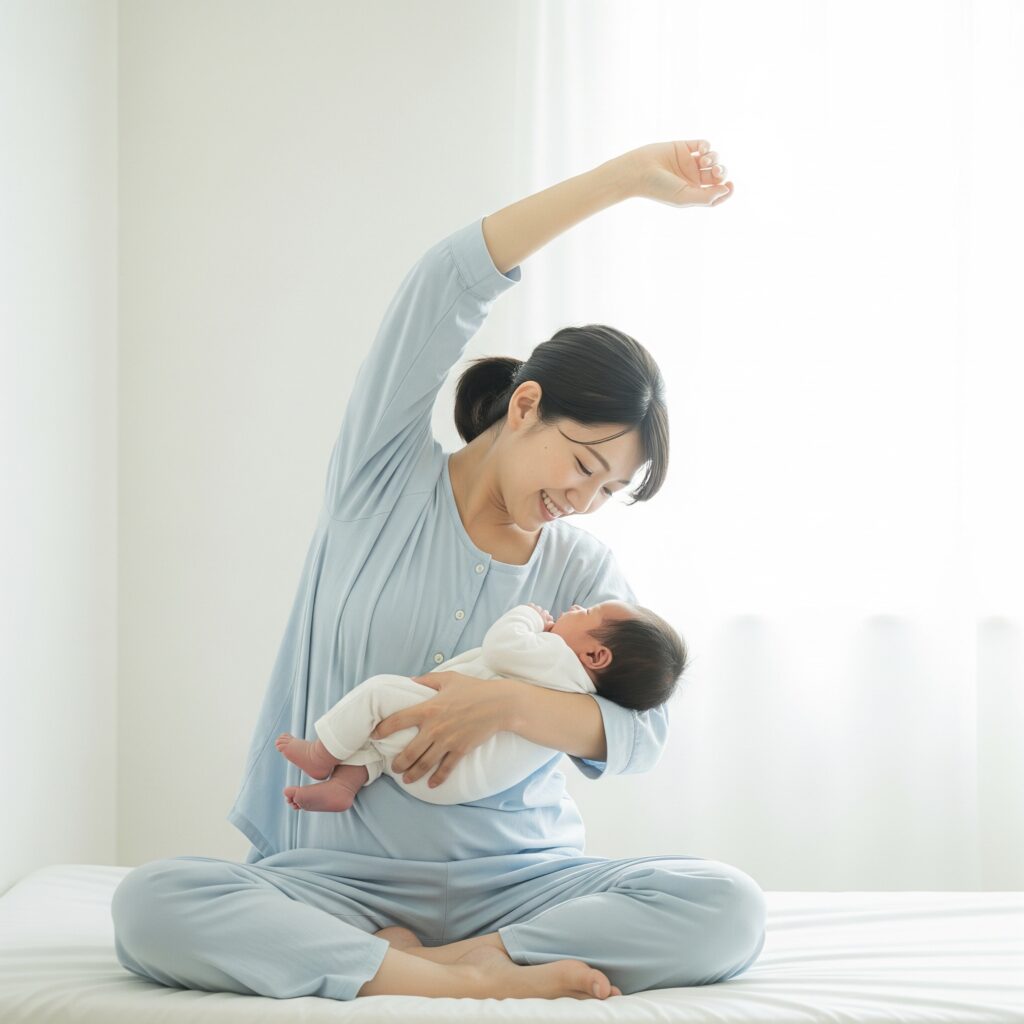 朝起きて赤ちゃんを抱きながらストレッチをするママ