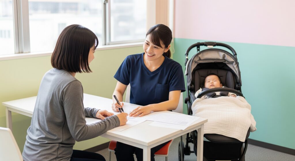 産後ダイエットでパーソナルジムに通い、トレーナーに相談するママ