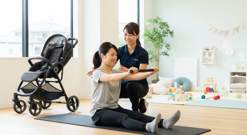 産後ダイエットでパーソナルジムに通い、トレーナーから指導を受けるママ