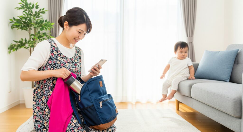 子連れ可能な産後ケア用のジムに通うために準備をするママ