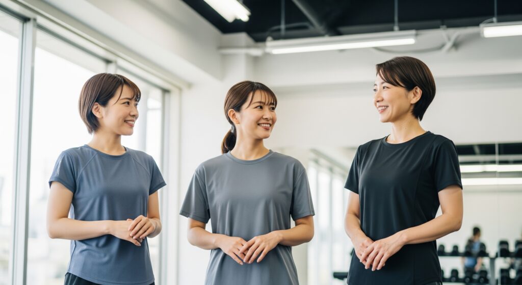 産後のダイエットをジムで効果的に行っている中で、同じジムの仲間と談笑するママたち