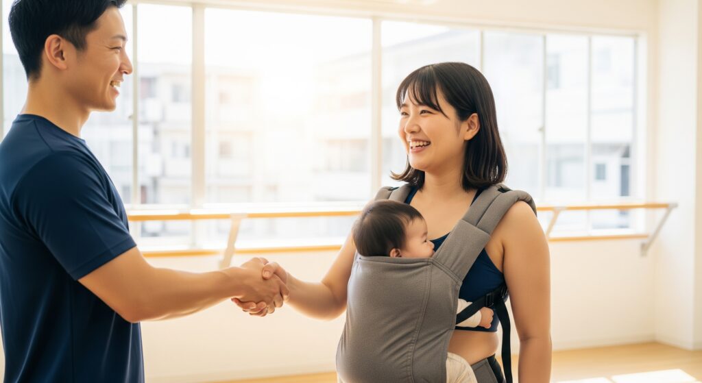 産後ダイエットでパーソナルジムに通い、トレーナーと握手するママ