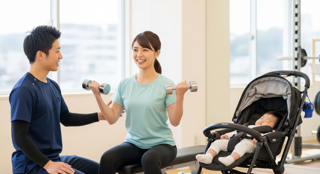 産後のダイエットを効果的に行うため、パーソナルトレーニングを受けているママ