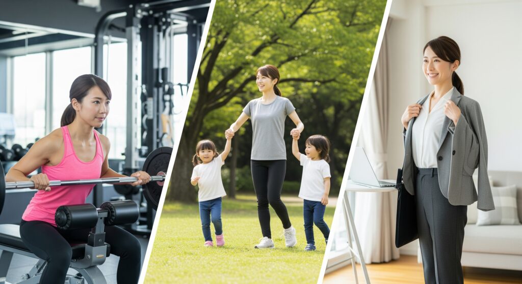 産後のボディメイクに取り組みながら生活を送るママ