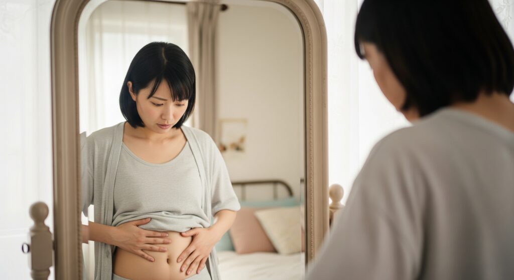 産後の自分の姿を見てボディメイクを決意しているママ