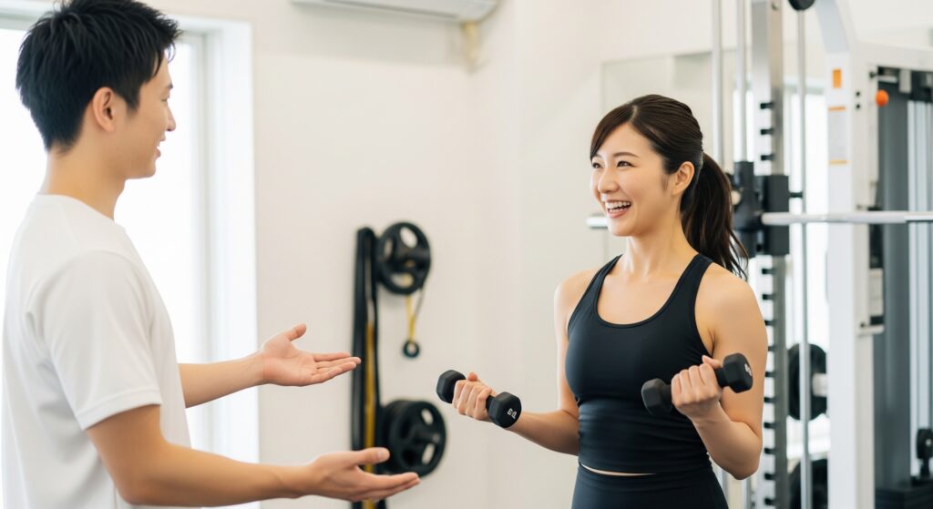 産後のダイエットにジム通い中でパーソナルトレーニングを受けるママ