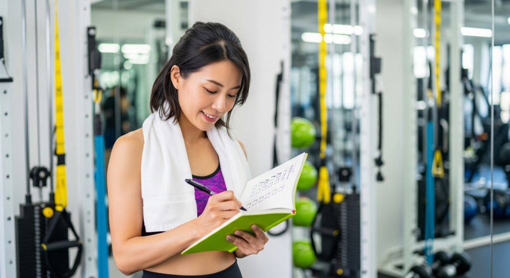 産後のダイエットをジムで効果的に行うため、ポイントにチェックをするママ
