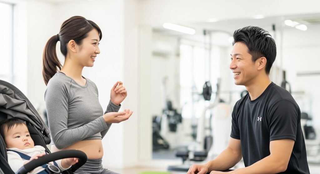 産後ダイエットでパーソナルジムに通い、トレーナーに質問するママ