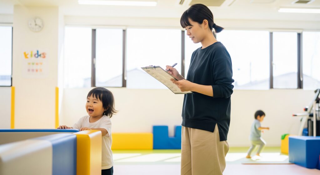 産後のダイエットに子連れでジムに通うために施設を見学するママ