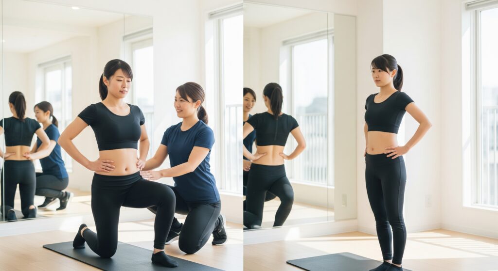 産後のダイエットのためにパーソナルジムに通い、自分の体型を確認するママ