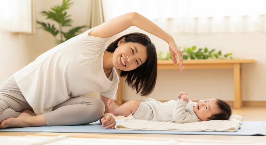 産後のママが赤ちゃんと一緒に自宅でフィットネスをする様子