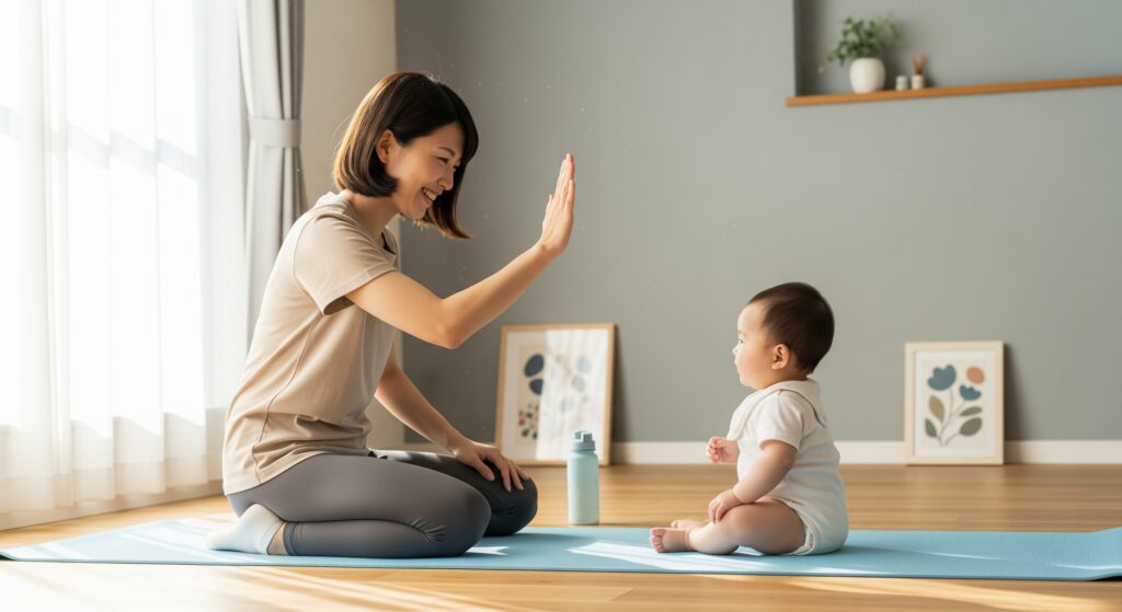 産後のママが自宅でのフィットネス後に赤ちゃんとハイタッチする様子