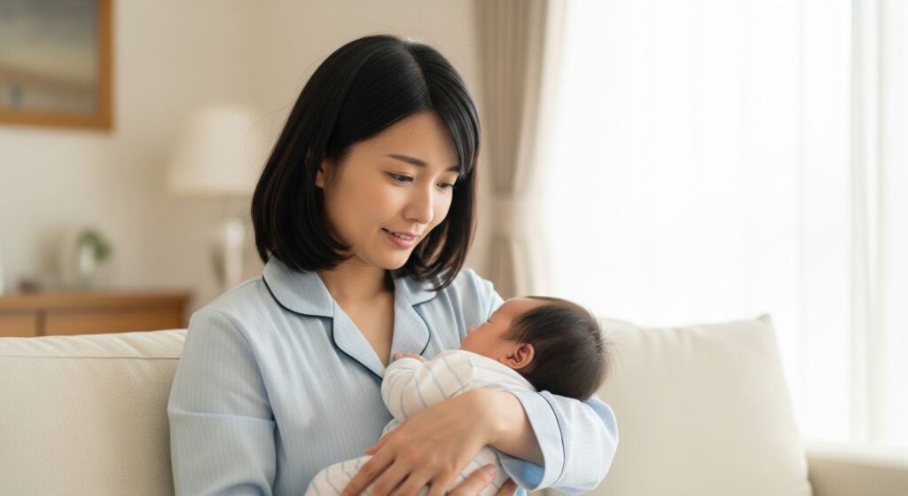 子どもを抱きながら産後のダイエットにジムに通うことを考えるママ