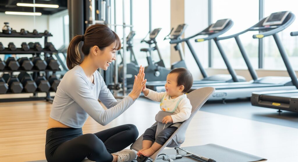 産後太りの解消のためジムに通い、成果を感じ、赤ちゃんとハイタッチするママ