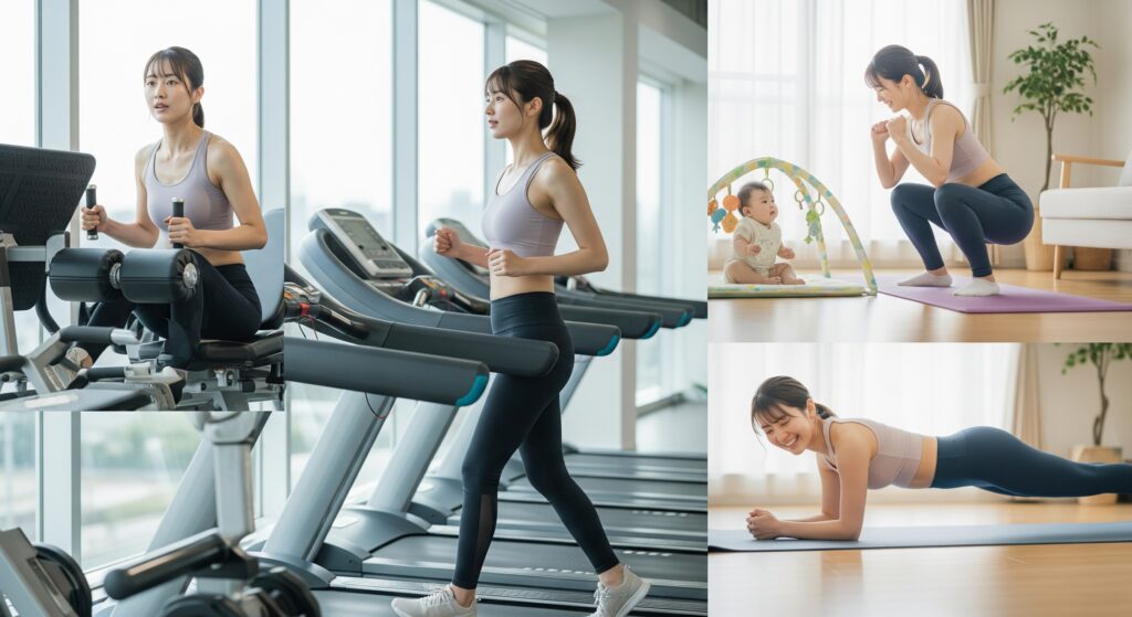 産後のトレーニングでジムと自宅でトレーニングをする女性