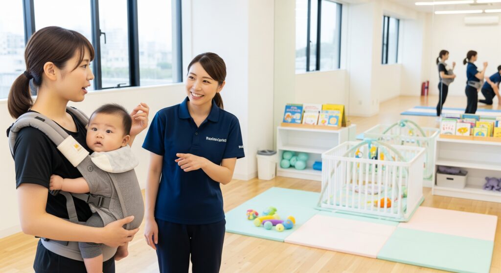 子連れOKのパーソナルジムで産後トレーニングについてトレーナーに質問するママ