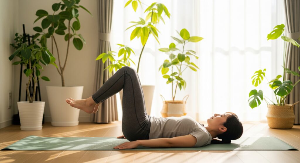 産後ダイエットで骨盤を整えるストレッチを自宅で行う女性