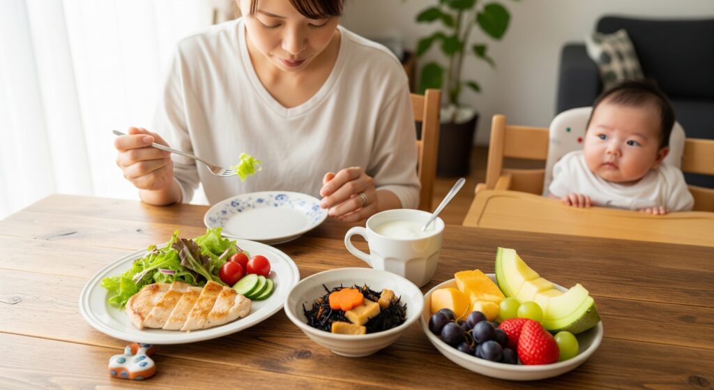 子連れOKのパーソナルジムで産後トレーニングを行っているママの食事シーン