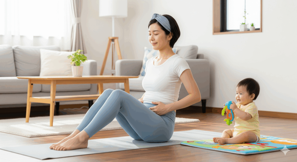 産後 お腹 痩せ ない と悩むママがヨガマットで赤ちゃんと一緒に体幹トレーニングを取り入れている様子