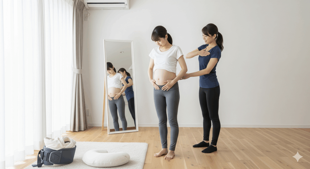 産後 お腹 痩せ ない 原因を確認するため、日本人ママが骨盤の向きと体幹の状態を鏡でチェックしている様子