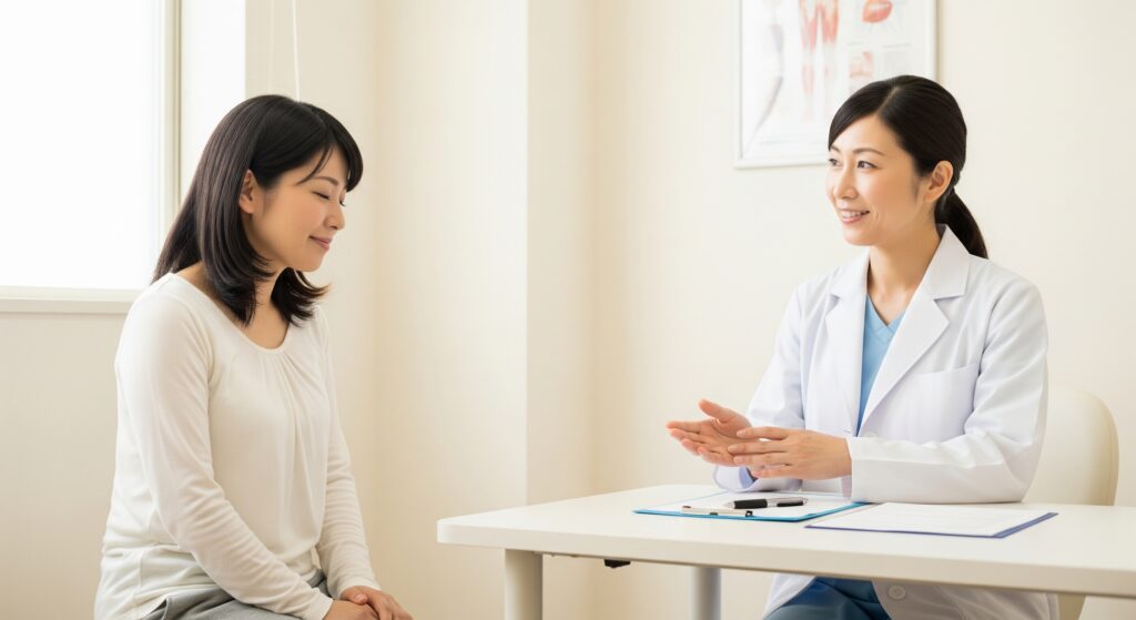 育児と両立しながらジムに通うために運動開始時期を医師に相談するママ