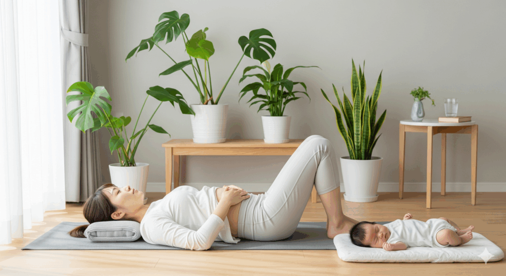 産後 1 ヶ月 ダイエット 方法として自宅で骨盤底筋を意識した呼吸ストレッチをする日本人ママの様子