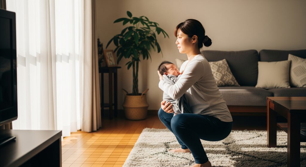 子連れの状態で自宅で産後トレーニングを行うママ