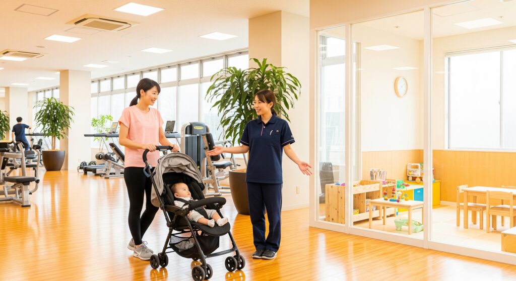 産後にジムへ行きたいママがジムを見学する様子