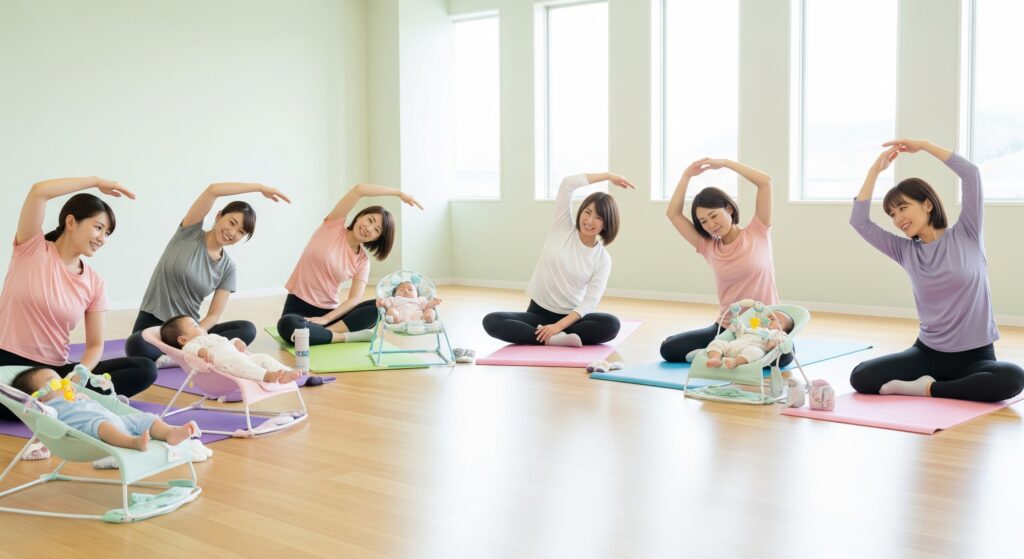 子連れOKのジムで集団で産後トレーニングを行うママたち