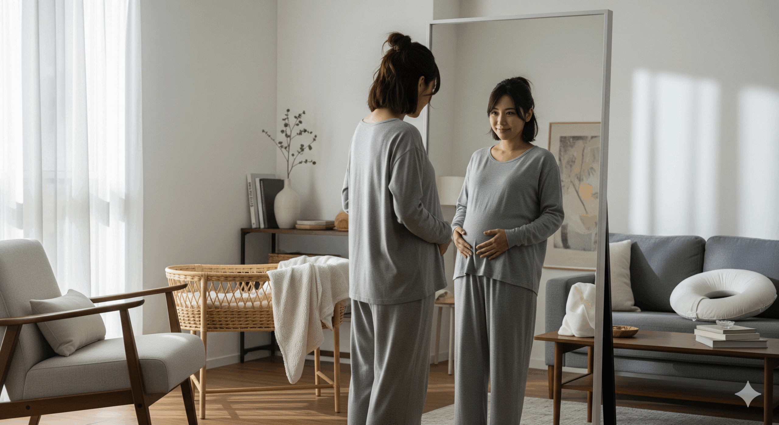 産後 お腹 痩せ ない と悩むママが自宅のリビングでお腹まわりを確認しながら前向きにケアを始める様子