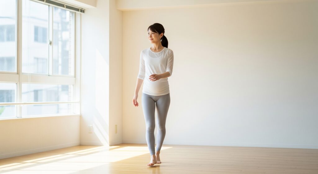 出産後のジム通いの準備として、体操をするママ