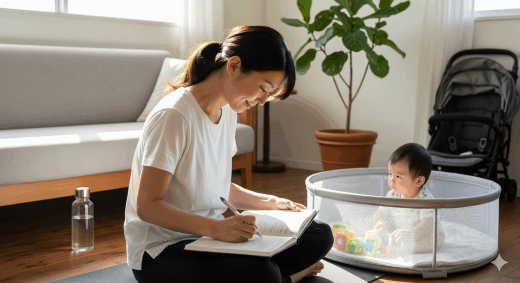 ヨガマットの上でスケジュールノートを書き込みながら赤ちゃんを見守る産後ママ。生活リズムに合わせて育児 し ながら ダイエットを取り入れる様子。