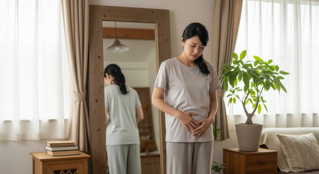 産後の体型戻しに悩み、ストレッチを始めることを考えるママ