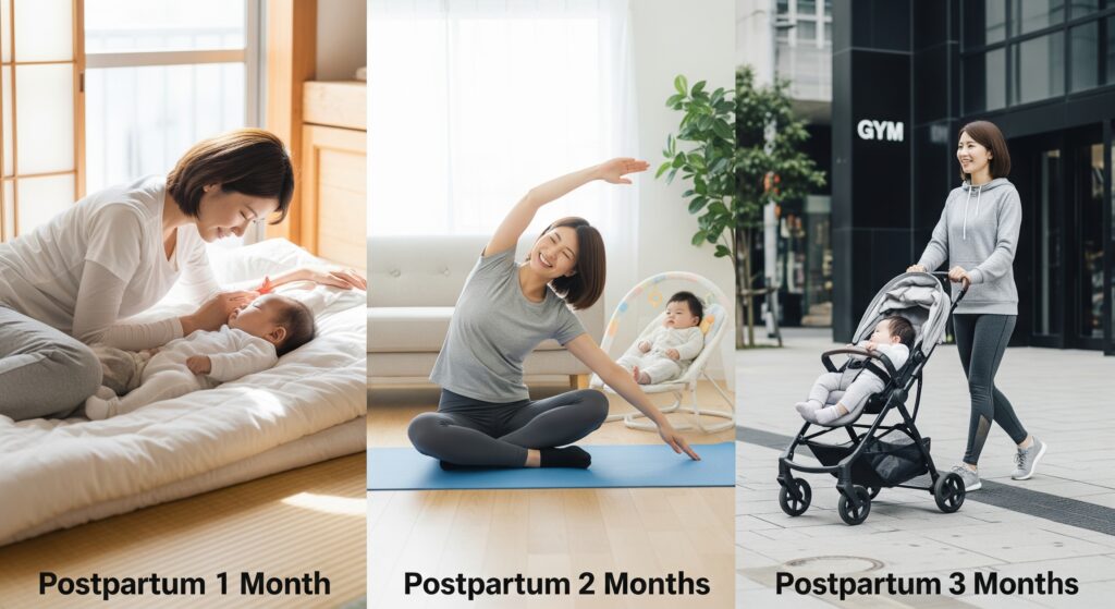 産後のジム通いについて時期別にできることをまとめた画像