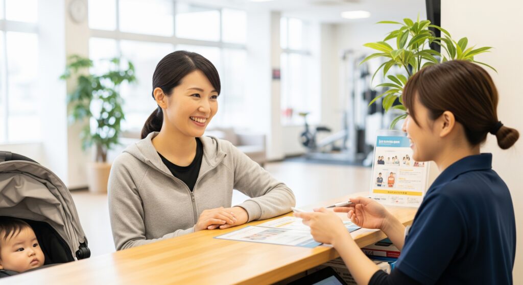 産後のトレーニングでパーソナルジムの受付で質問をするママ