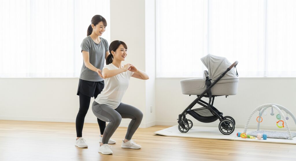 産後ダイエットでパーソナルジムに通い、スクワットをするママ