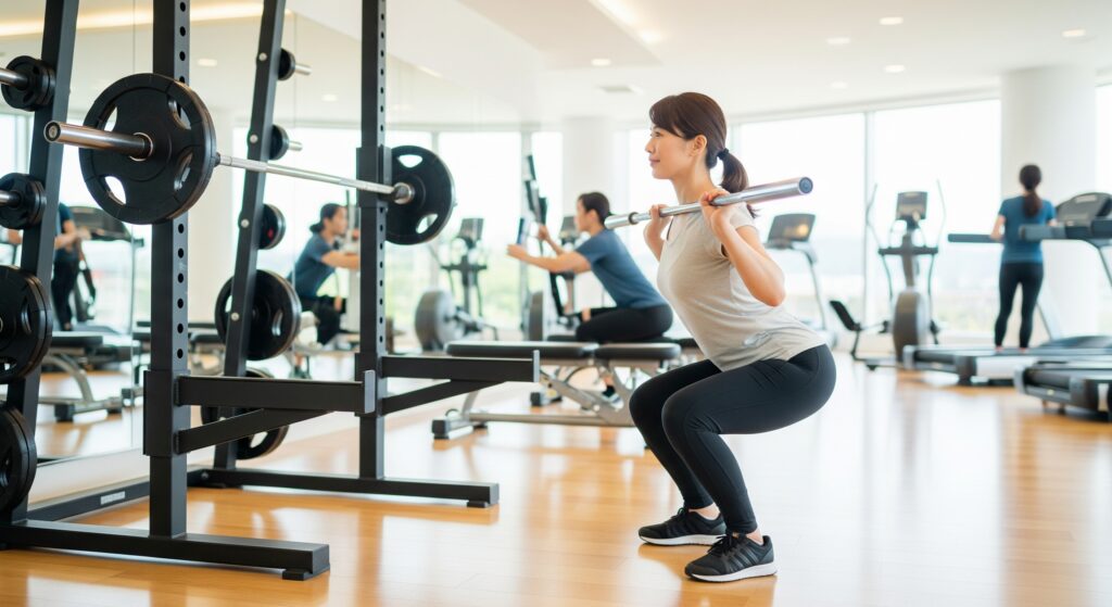 出産後のジム通いとして、スクワットをするママ