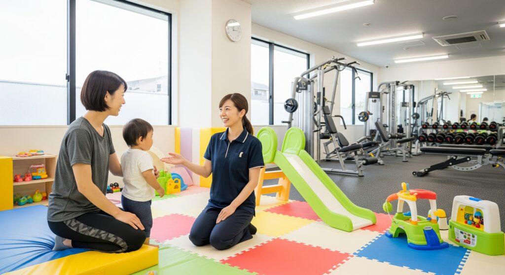 育児と両立しながらジムに通うために子供とジムを見学するママ