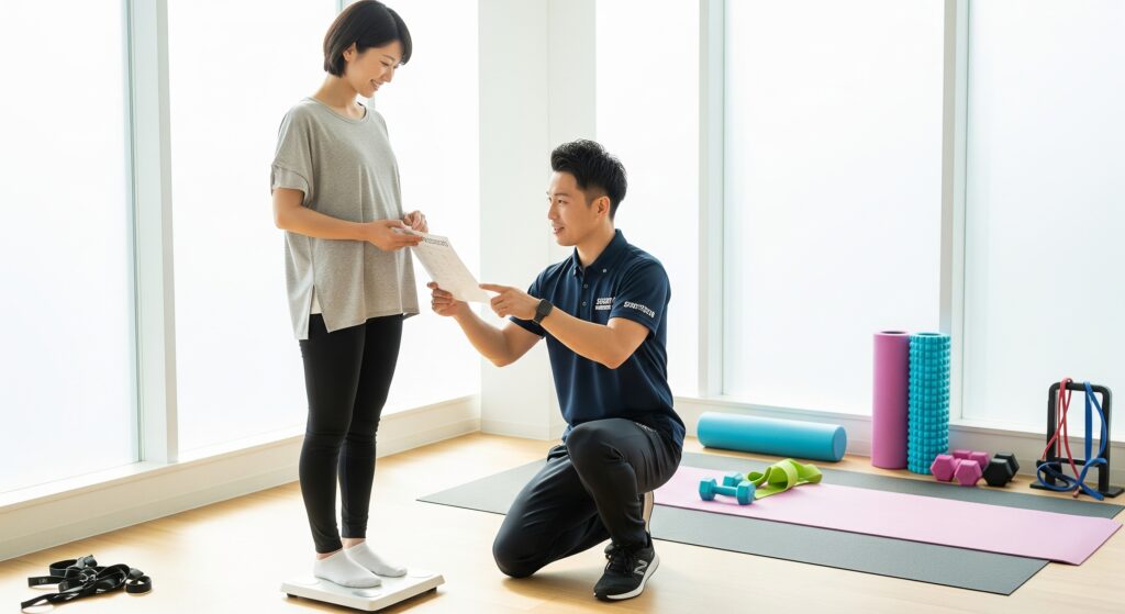 産後のトレーニングでジムに通い、トレーナーの指導を受ける女性