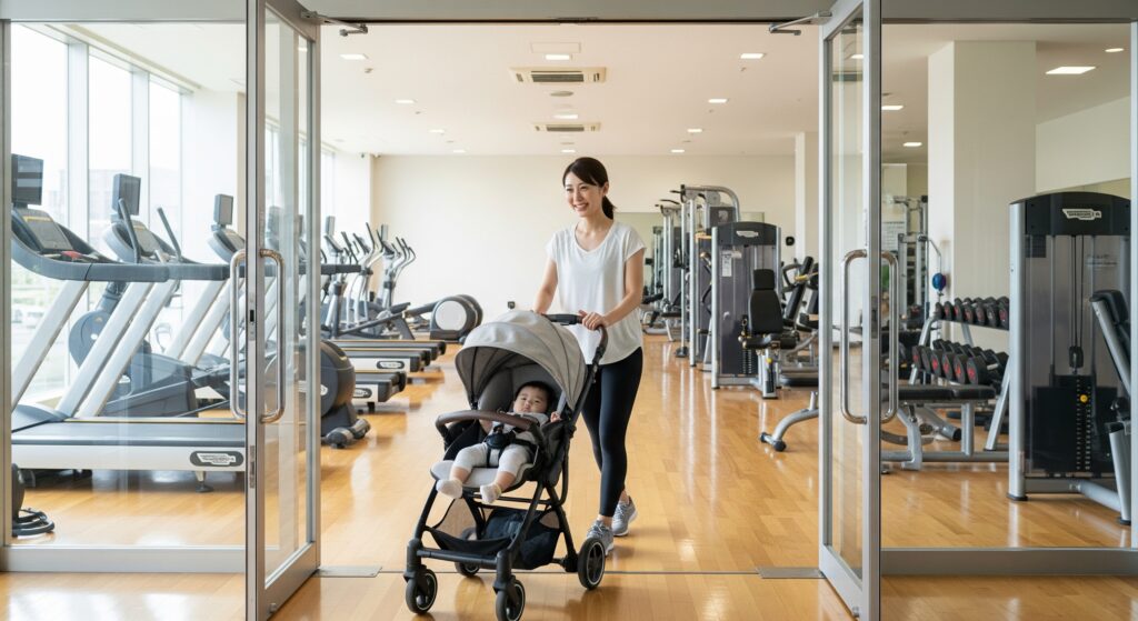 産後のジム通いでジムを見学するママ