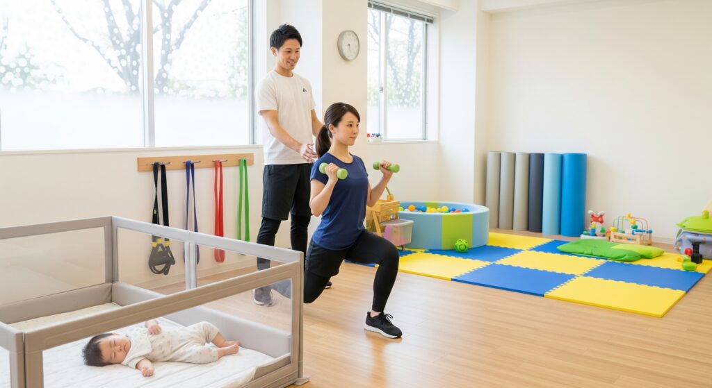 子連れOKのパーソナルジムで産後トレーニングを行うママ
