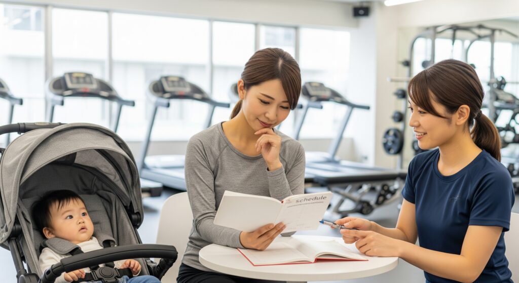 産後のダイエットでパーソナルトレーナーに相談するママ