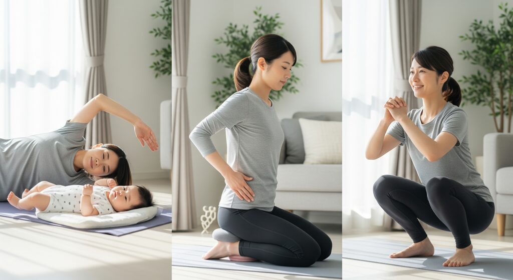 産後のジム通いについて自宅でトレーニングを行うママ