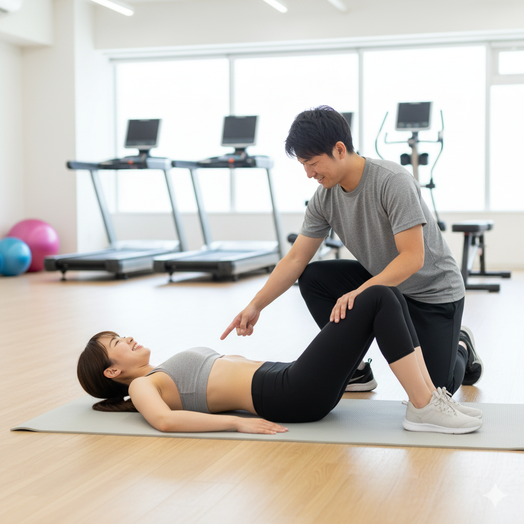 産後ママがジムでパーソナルトレーニングを受けて痩せる人になるためのサポートを受けている様子
