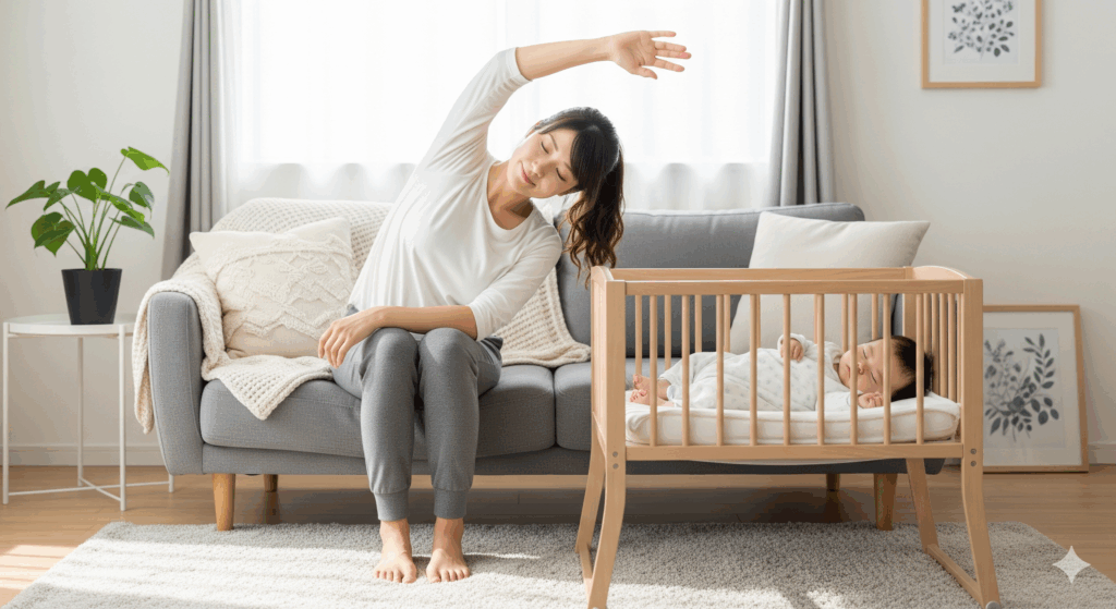 産後のダイエットでマイナス10キロを目指すママが、産褥期に軽くストレッチをして体を整えている様子
