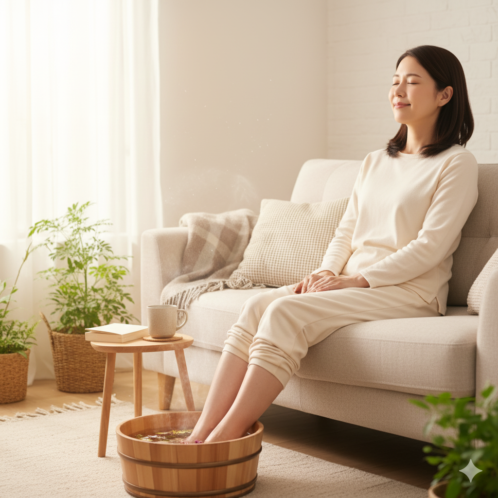 日本人の産後ママがリビングで足湯をしてリラックスしている様子の写真イメージ
